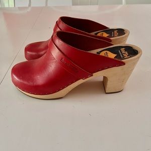 Swedish Hasbeens Slip On High Clogs in Red